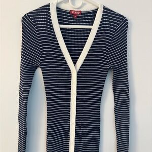 STAUD Navy and Cream Striped Maxi Long Sleeve Dress Medium